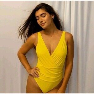Jantzen Womens 16 Yellow Surplice One Piece Swimsuit Tummy Control Ruched V-Neck